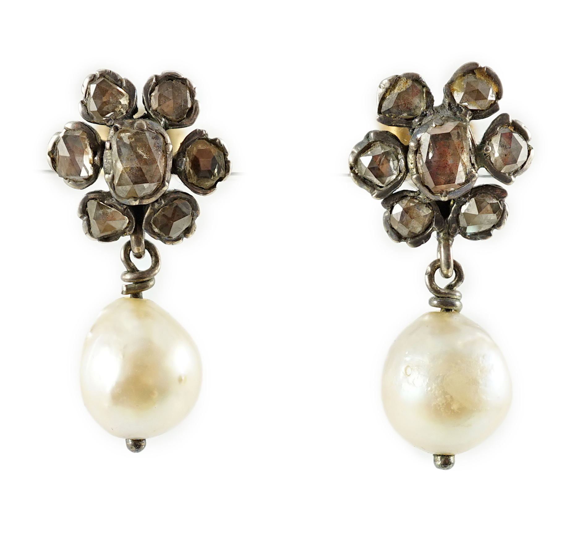 A pair of early 19th century silver, rose cut diamond and baroque pearl set drop earrings